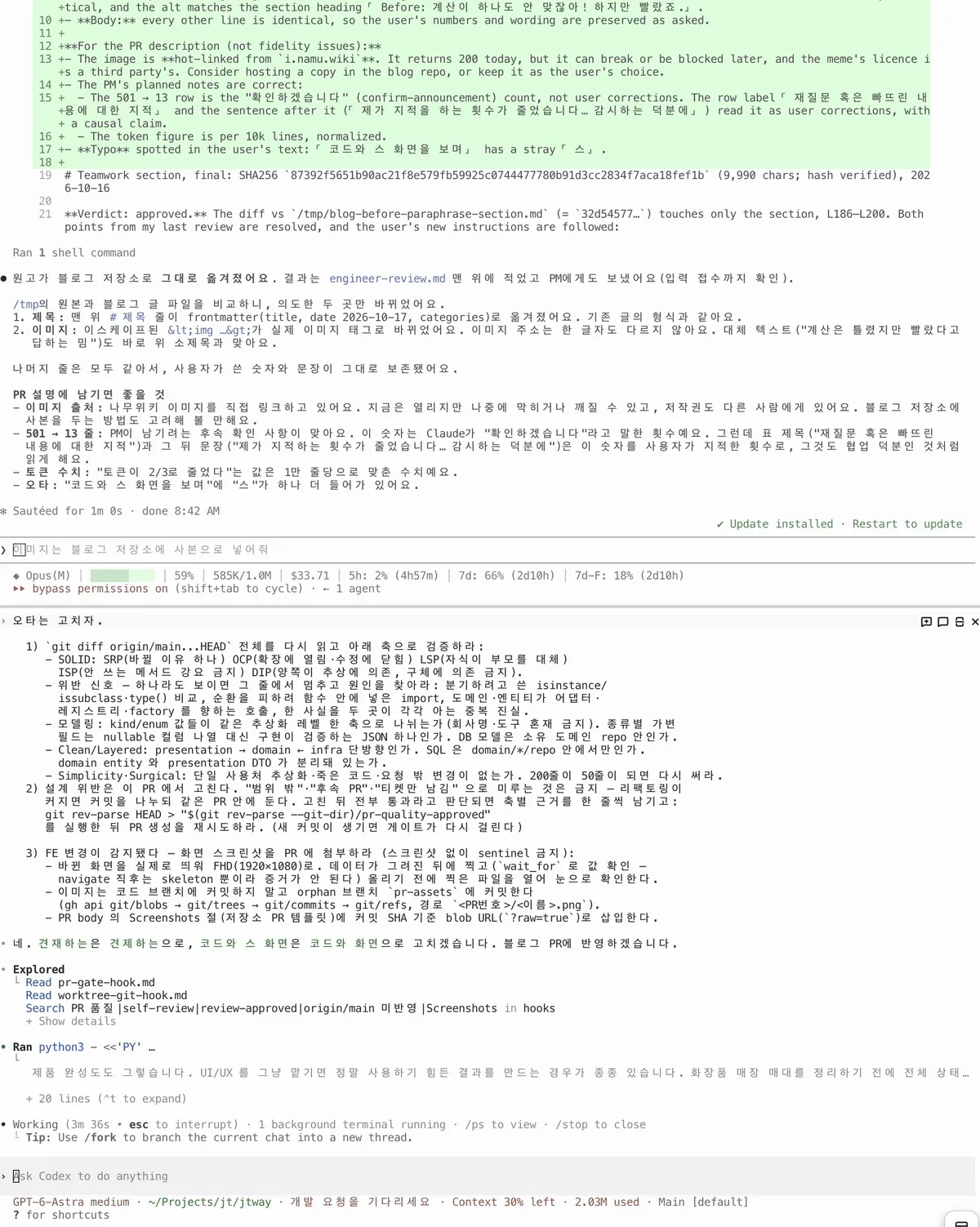 아래 Codex가 검토를 요청하고 위 Claude가 확인한 뒤 답변을 보내는 두 창의 협업 장면